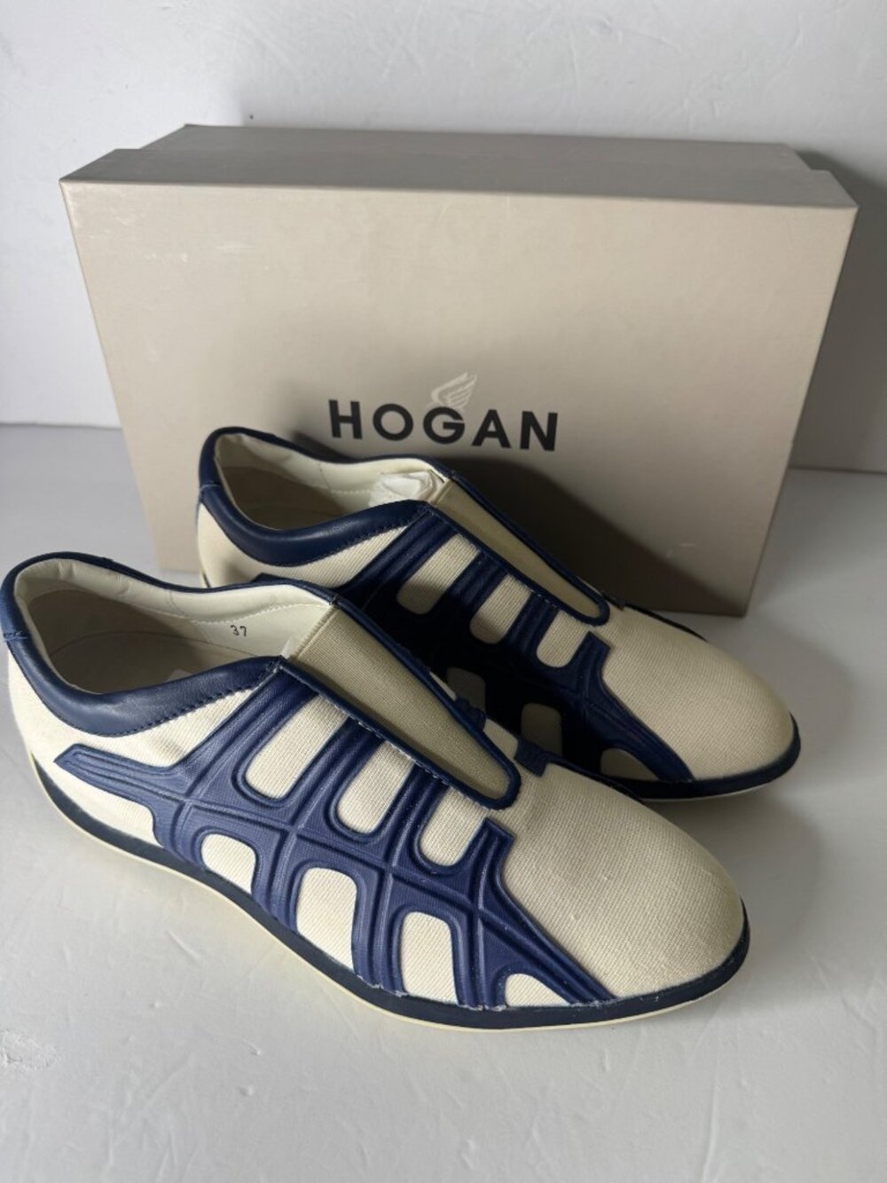 HOGAN Slip on Side Web Pull On Canvas Leather Blue White Sneakers EU 37 US 7 NIB